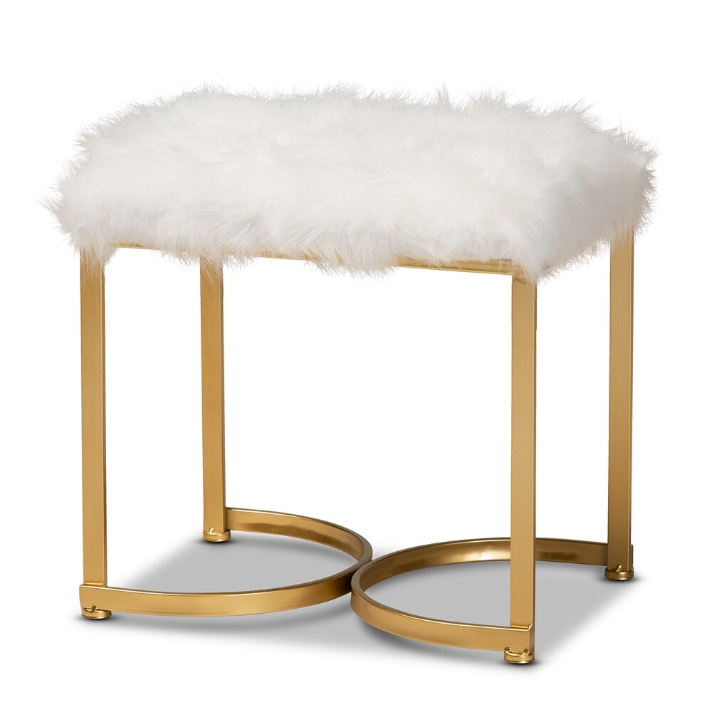 BAXTON STUDIO GWYN GLAM AND LUXE WHITE FAUX FUR UPHOLSTERED AND GOLD FINISHED METAL OTTOMAN