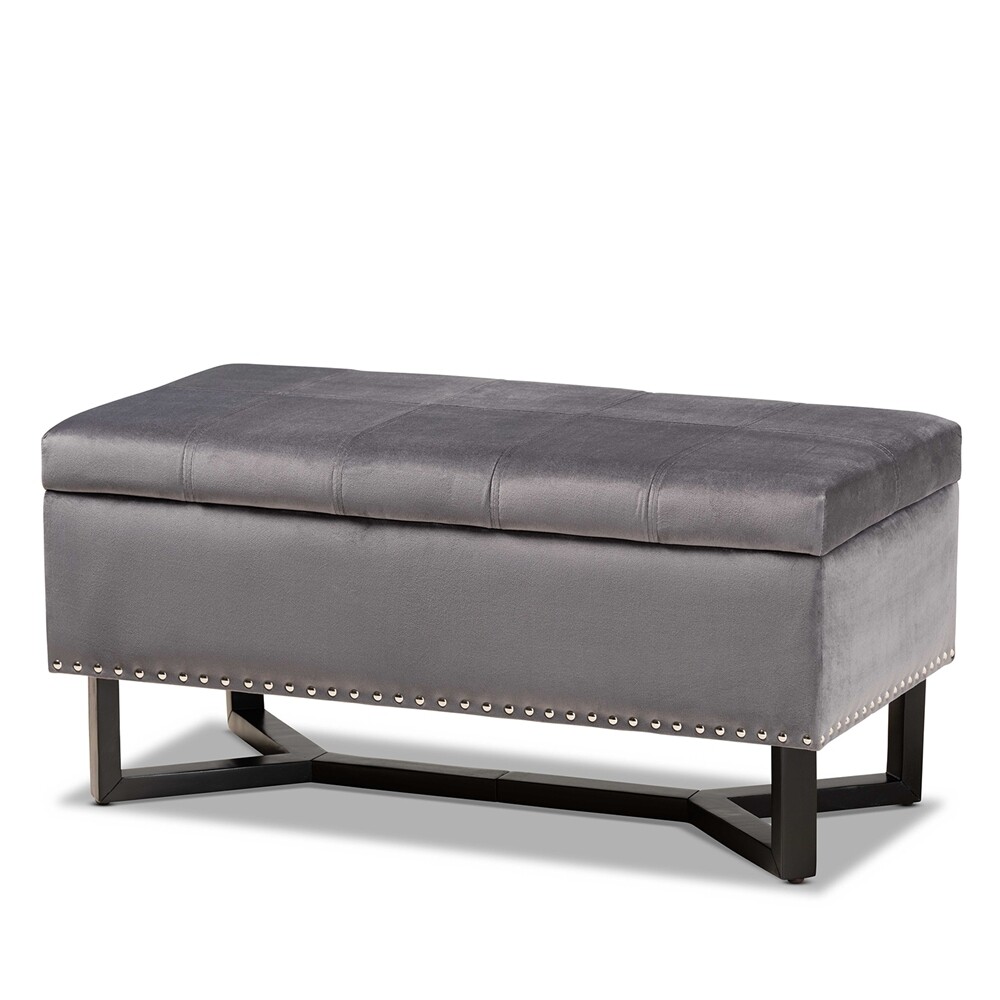 BAXTON STUDIO ESTHER MODERN AND CONTEMPORARY GREY VELVET FABRIC UPHOLSTERED AND DARK BROWN FINISHED WOOD STORAGE OTTOMAN