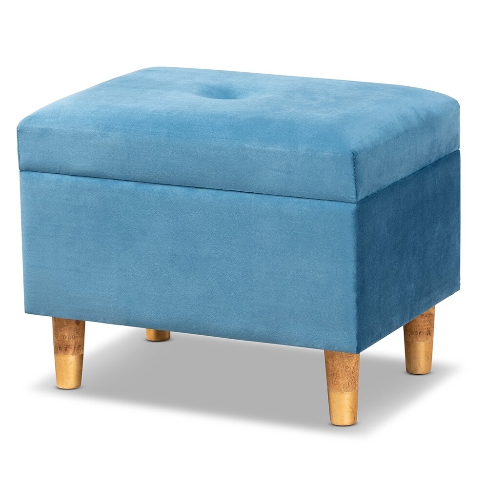 BAXTON STUDIO ELIAS MODERN AND CONTEMPORARY SKY BLUE VELVET FABRIC UPHOLSTERED AND OAK BROWN FINISHED WOOD STORAGE OTTOMAN
