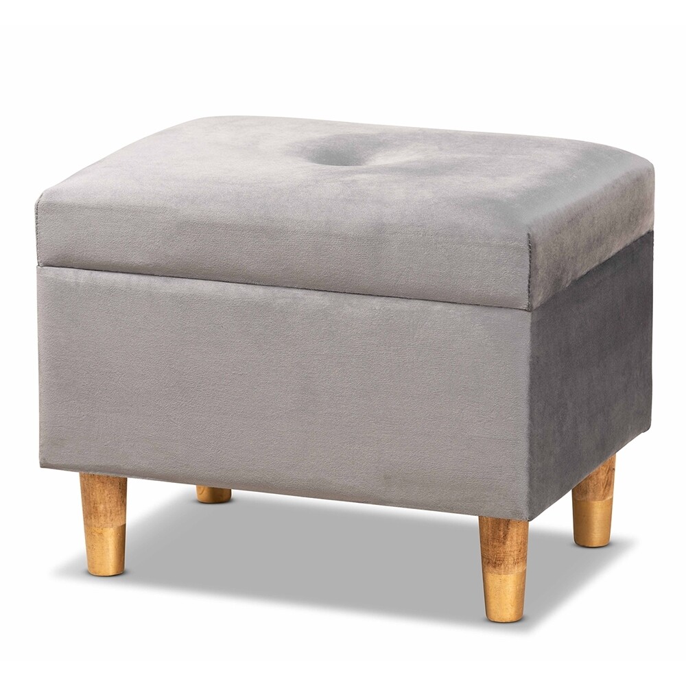 BAXTON STUDIO ELIAS MODERN AND CONTEMPORARY GREY VELVET FABRIC UPHOLSTERED AND OAK BROWN FINISHED WOOD STORAGE OTTOMAN