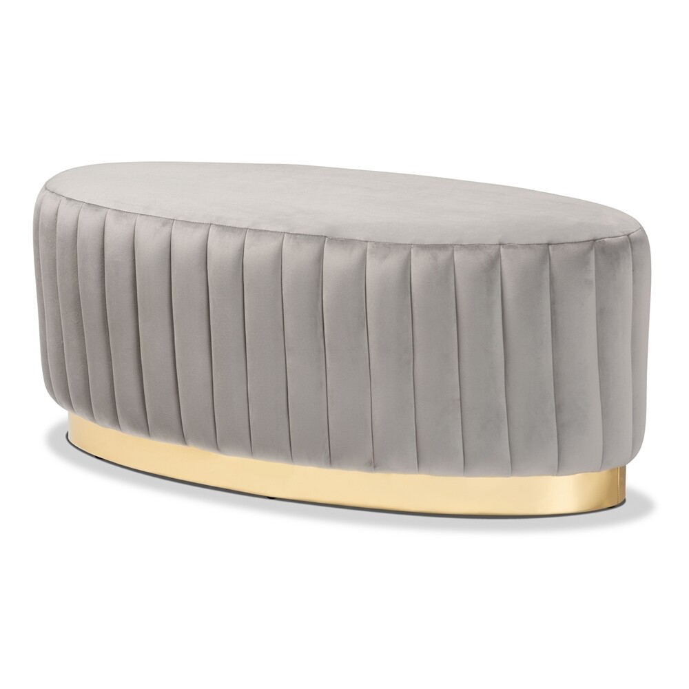 BAXTON STUDIO KIRANA GLAM AND LUXE GREY VELVET FABRIC UPHOLSTERED AND GOLD PU LEATHER OTTOMAN