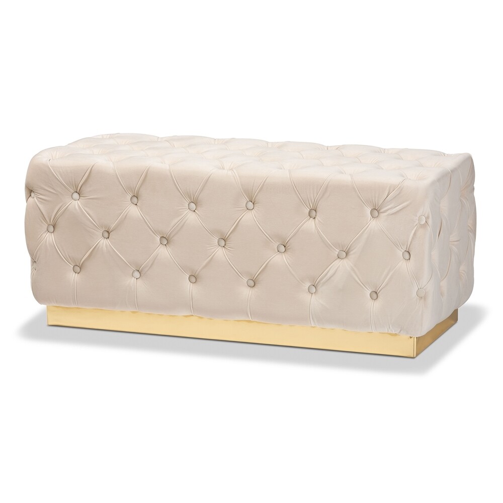 BAXTON STUDIO CORRINE GLAM AND LUXE BEIGE VELVET FABRIC UPHOLSTERED AND GOLD PU LEATHER OTTOMAN