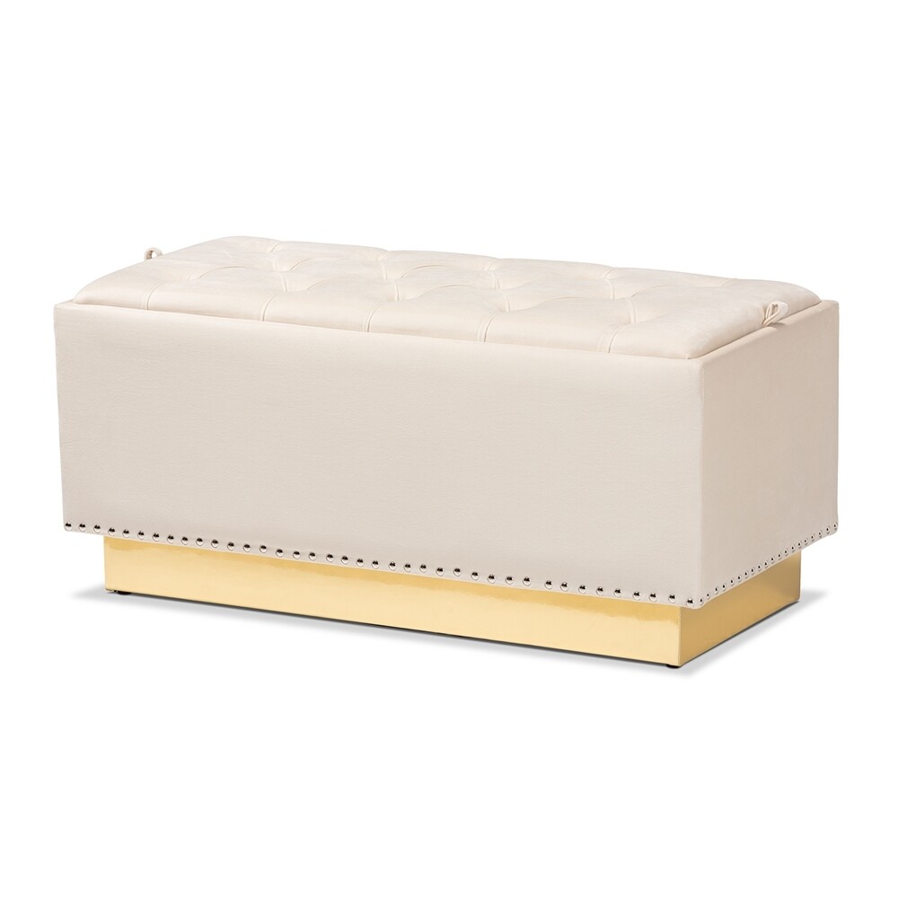 BAXTON STUDIO POWELL GLAM AND LUXE BEIGE VELVET FABRIC UPHOLSTERED AND GOLD PU LEATHER STORAGE OTTOMAN