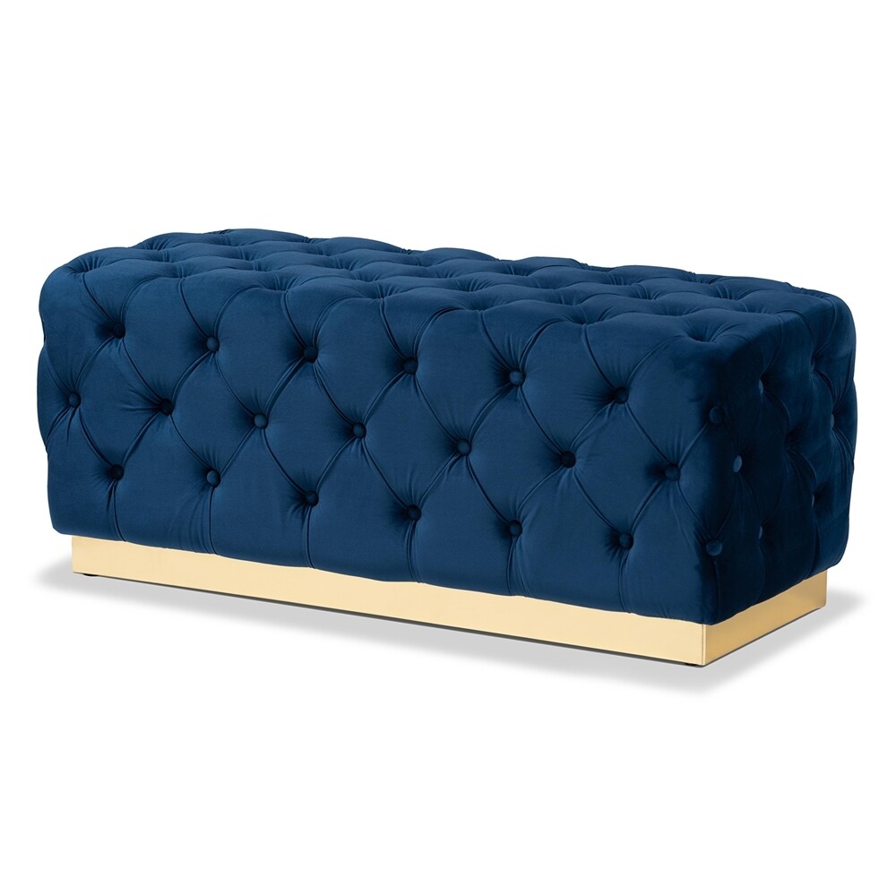 BAXTON STUDIO CORRINE GLAM AND LUXE NAVY BLUE VELVET FABRIC UPHOLSTERED AND GOLD PU LEATHER OTTOMAN