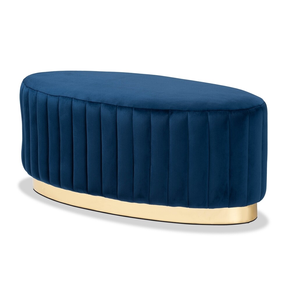 BAXTON STUDIO KIRANA GLAM AND LUXE NAVY BLUE VELVET FABRIC UPHOLSTERED AND GOLD PU LEATHER OTTOMAN