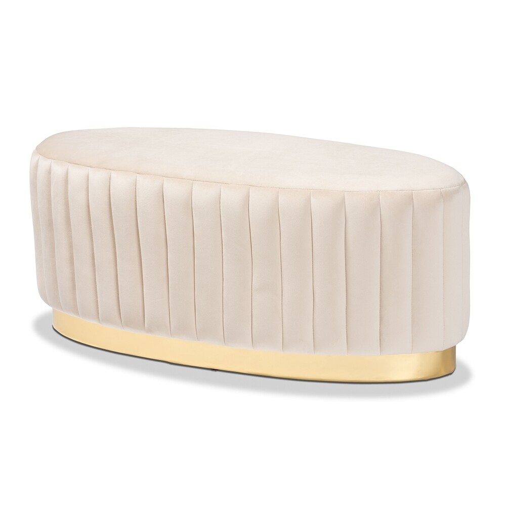 BAXTON STUDIO KIRANA GLAM AND LUXE BEIGE VELVET FABRIC UPHOLSTERED AND GOLD PU LEATHER OTTOMAN