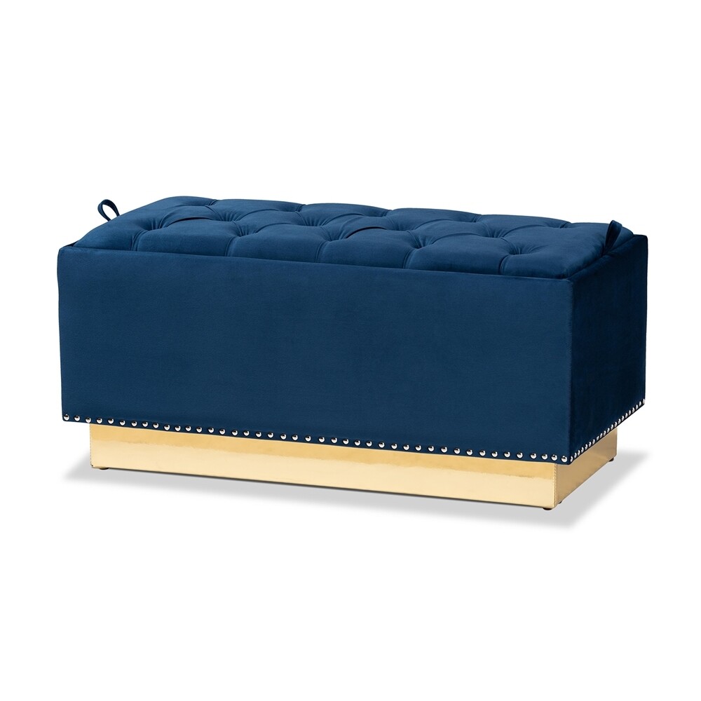 BAXTON STUDIO POWELL GLAM AND LUXE NAVY BLUE VELVET FABRIC UPHOLSTERED AND GOLD PU LEATHER STORAGE OTTOMAN