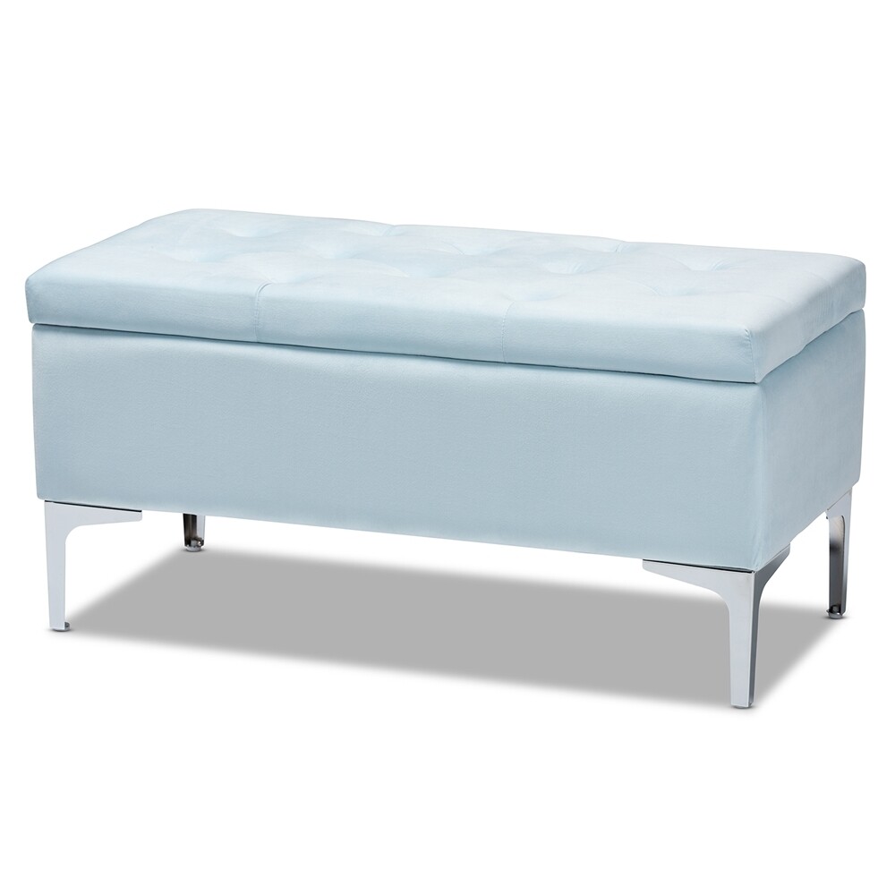 BAXTON STUDIO MABEL MODERN AND CONTEMPORARY TRANSITIONAL LIGHT BLUE VELVET FABRIC UPHOLSTERED SILVER FINISHED STORAGE OTTOMAN