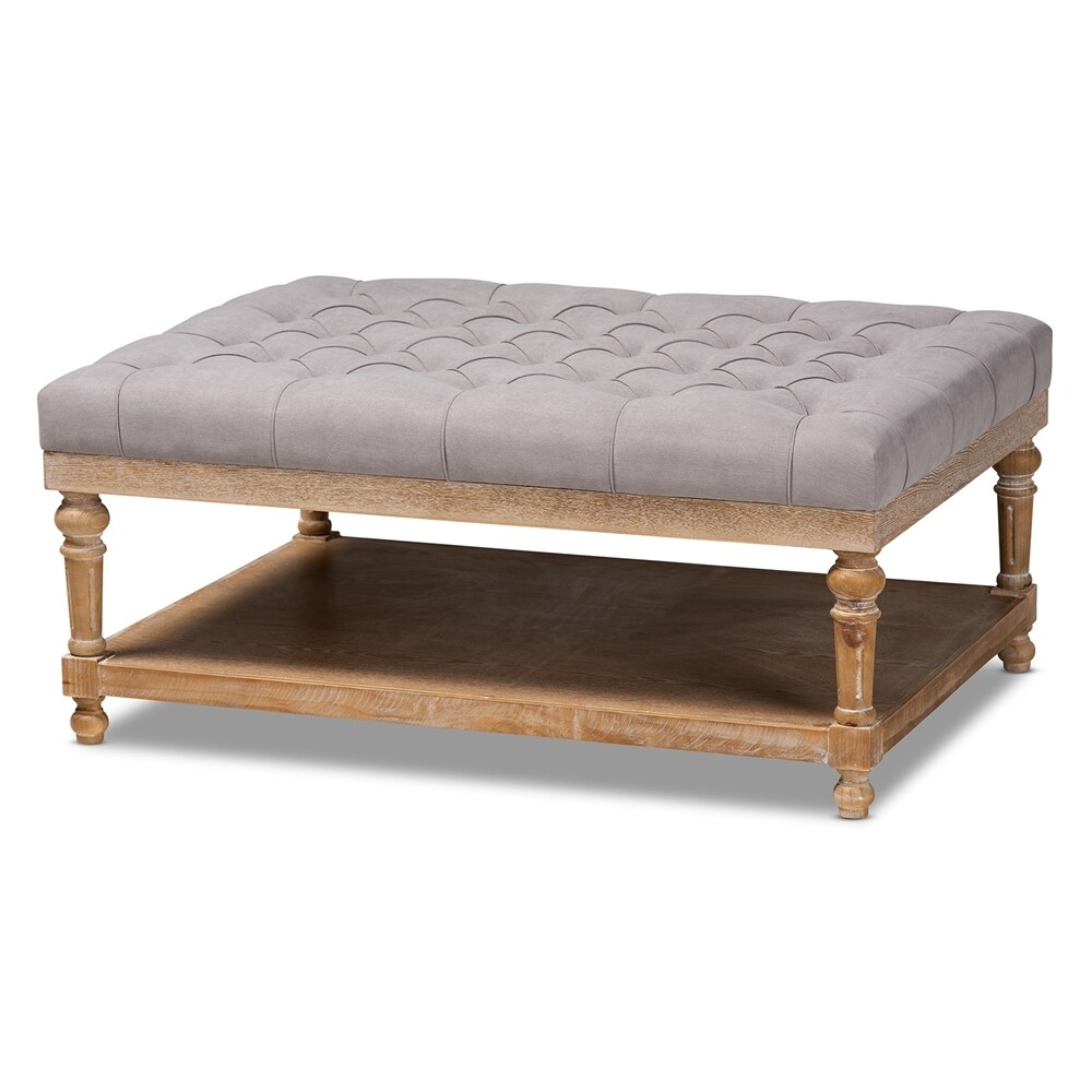 BAXTON STUDIO LINDSEY MODERN AND RUSTIC GREY LINEN FABRIC UPHOLSTERED AND GREYWASHED WOOD COCKTAIL OTTOMAN