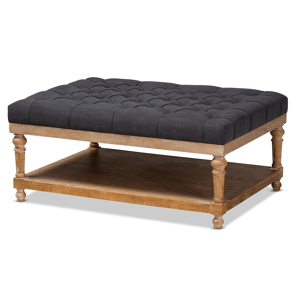 BAXTON STUDIO LINDSEY MODERN AND RUSTIC CHARCOAL LINEN FABRIC UPHOLSTERED AND GREYWASHED WOOD COCKTAIL OTTOMAN