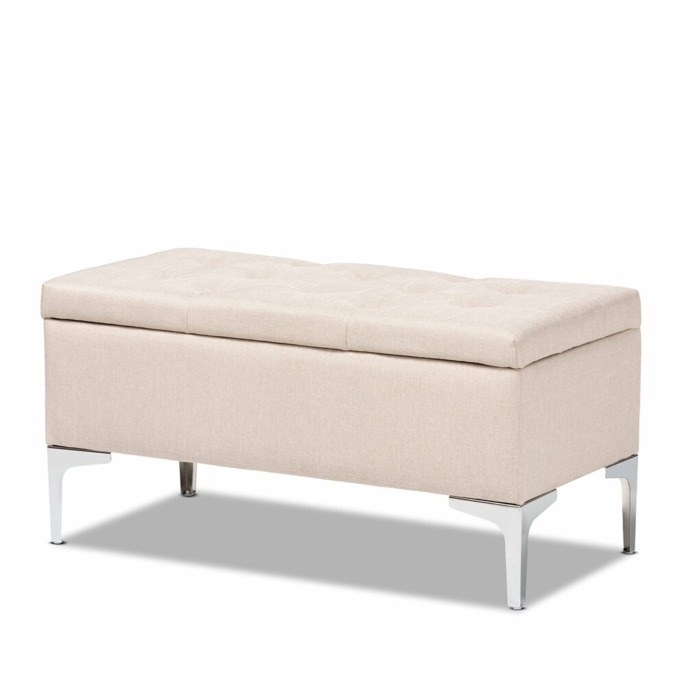 BAXTON STUDIO MABEL MODERN AND CONTEMPORARY TRANSITIONAL BEIGE FABRIC UPHOLSTERED AND SILVER FINISHED METAL STORAGE OTTOMAN