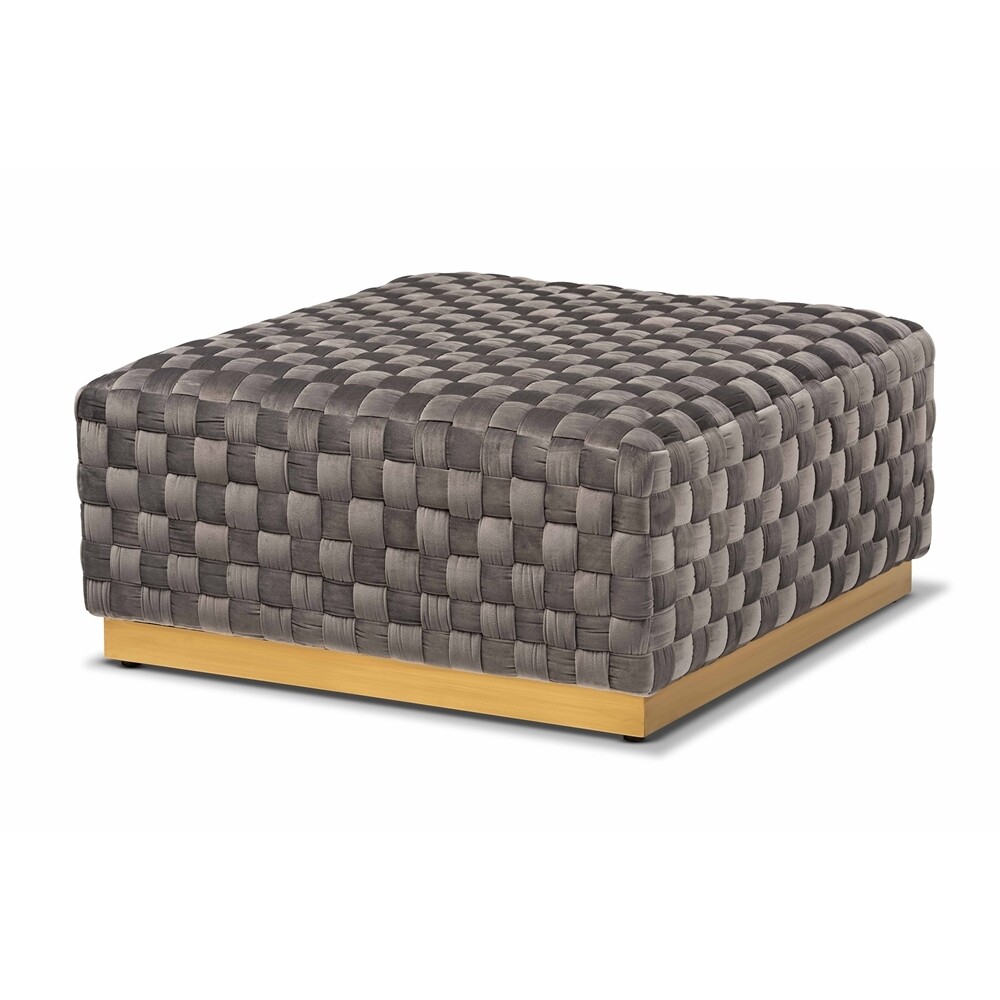 BAXTON STUDIO NOAH LUXE AND GLAM GREY VELVET FABRIC UPHOLSTERED AND GOLD FINISHED SQUARE COCKTAIL OTTOMAN
