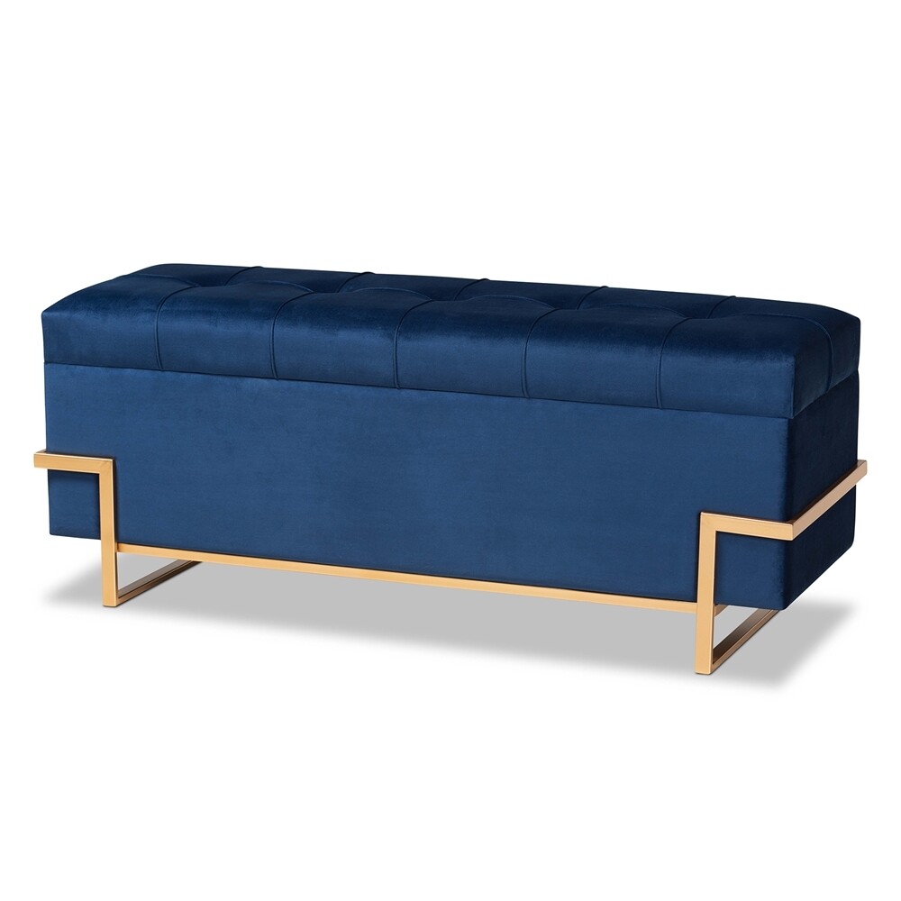 BAXTON STUDIO PARKER GLAM AND LUXE NAVY BLUE VELVET UPHOLSTERED AND GOLD METAL FINISHED STORAGE OTTOMAN