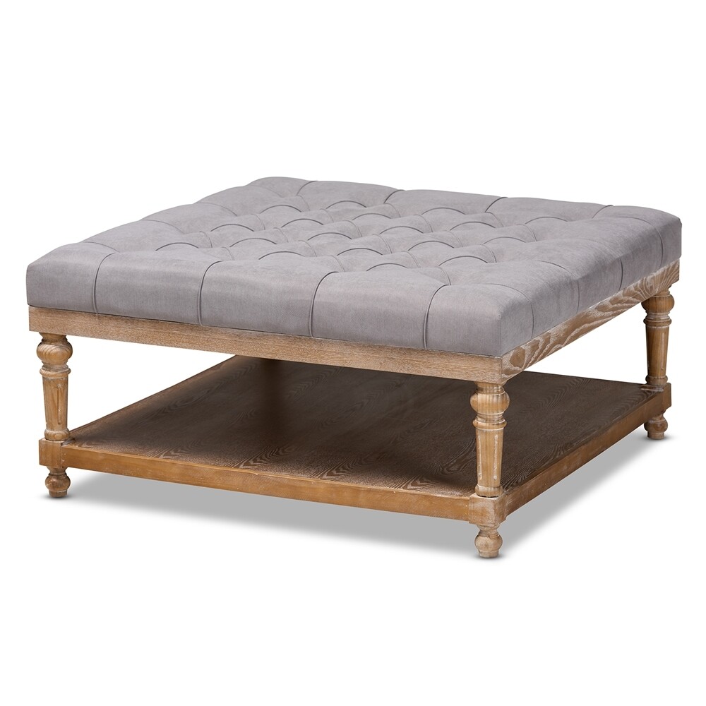 BAXTON STUDIO KELLY MODERN AND RUSTIC GREY LINEN FABRIC UPHOLSTERED AND GREYWASHED WOOD COCKTAIL OTTOMAN