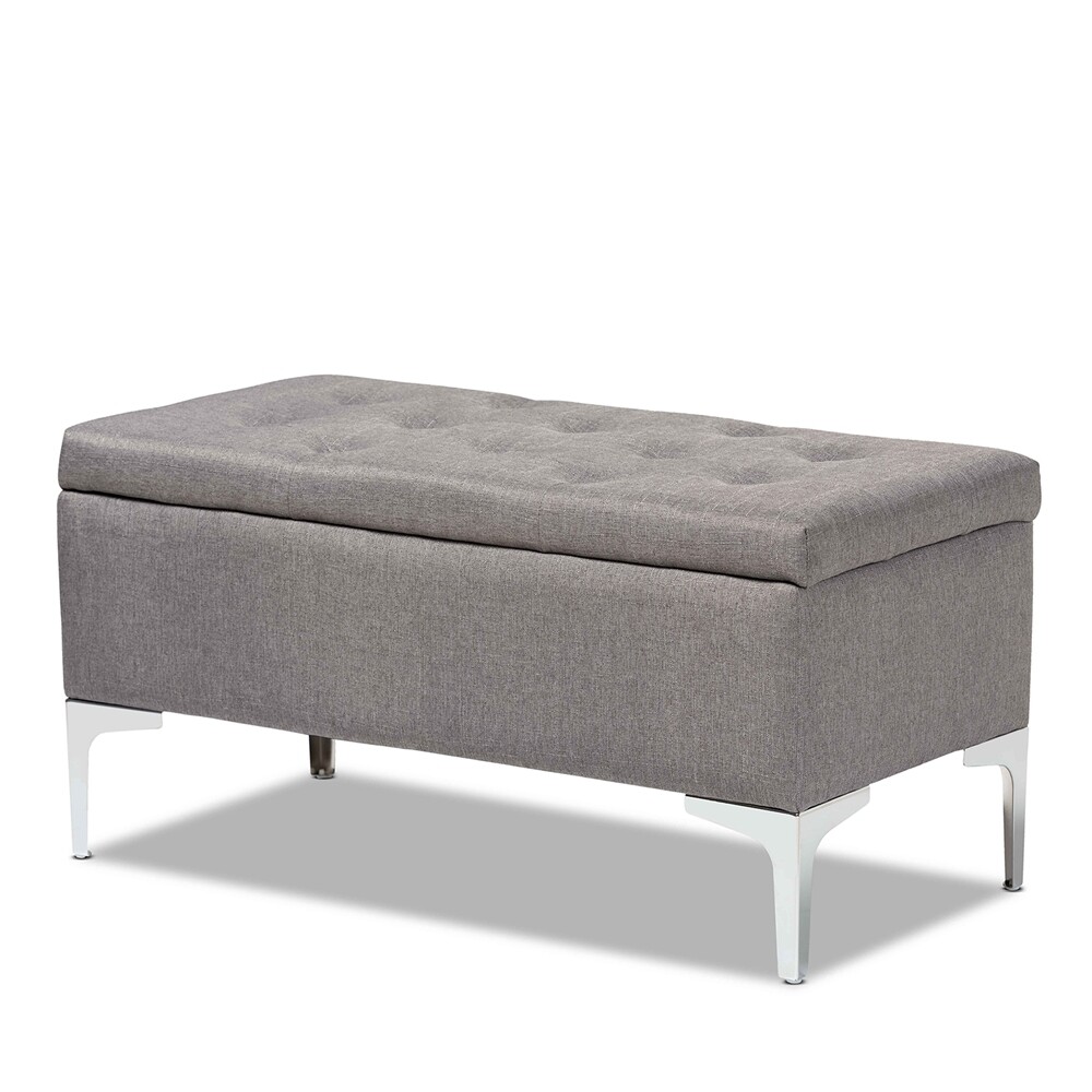 BAXTON STUDIO MABEL MODERN AND CONTEMPORARY TRANSITIONAL GREY VELVET FABRIC UPHOLSTERED SILVER FINISHED STORAGE OTTOMAN