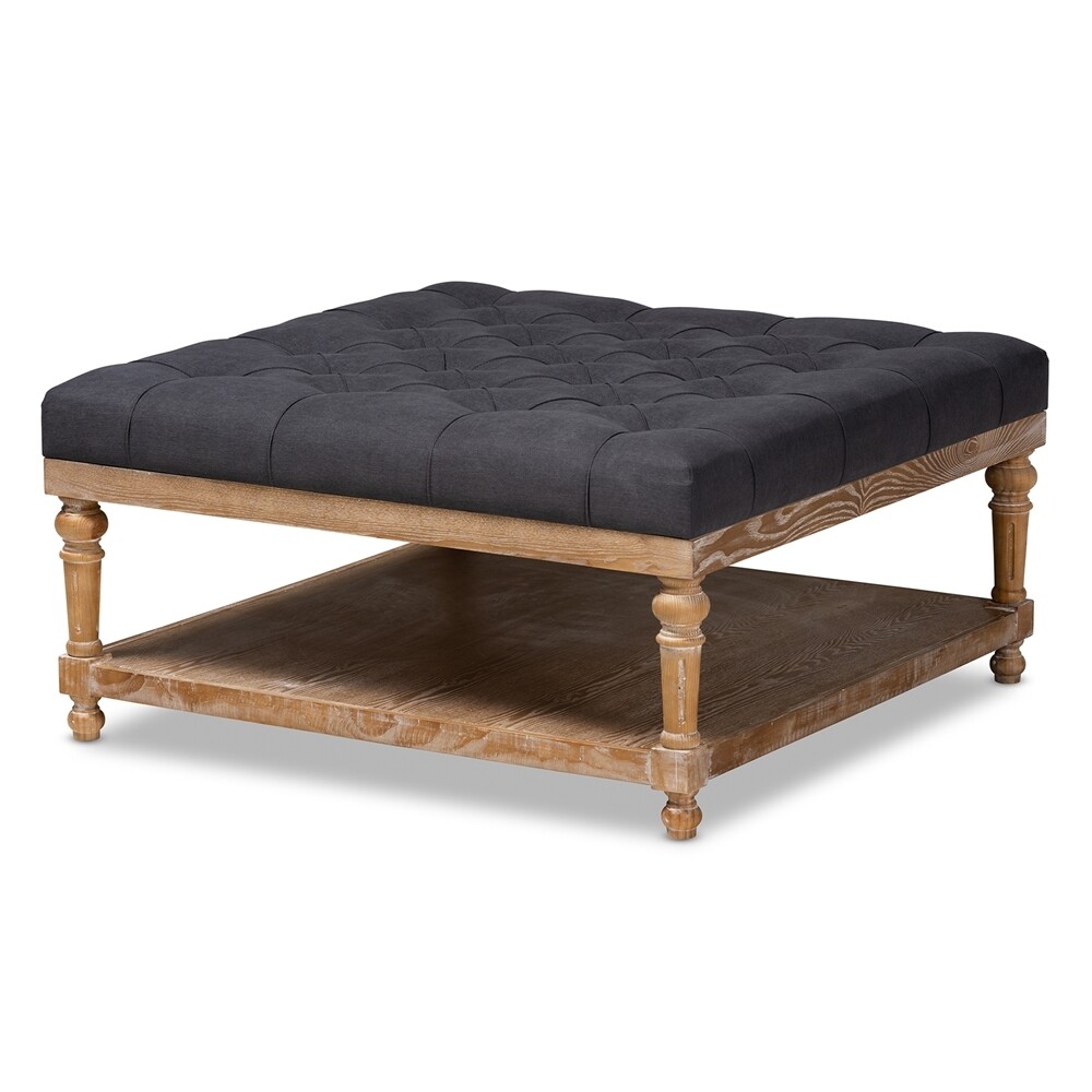 BAXTON STUDIO KELLY MODERN AND RUSTIC CHARCOAL LINEN FABRIC UPHOLSTERED AND GREYWASHED WOOD COCKTAIL OTTOMAN