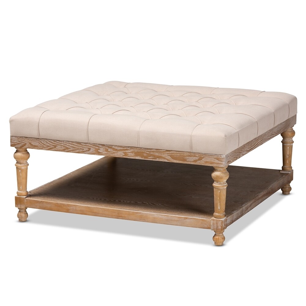 BAXTON STUDIO KELLY MODERN AND RUSTIC BEIGE LINEN FABRIC UPHOLSTERED AND GREYWASHED WOOD COCKTAIL OTTOMAN
