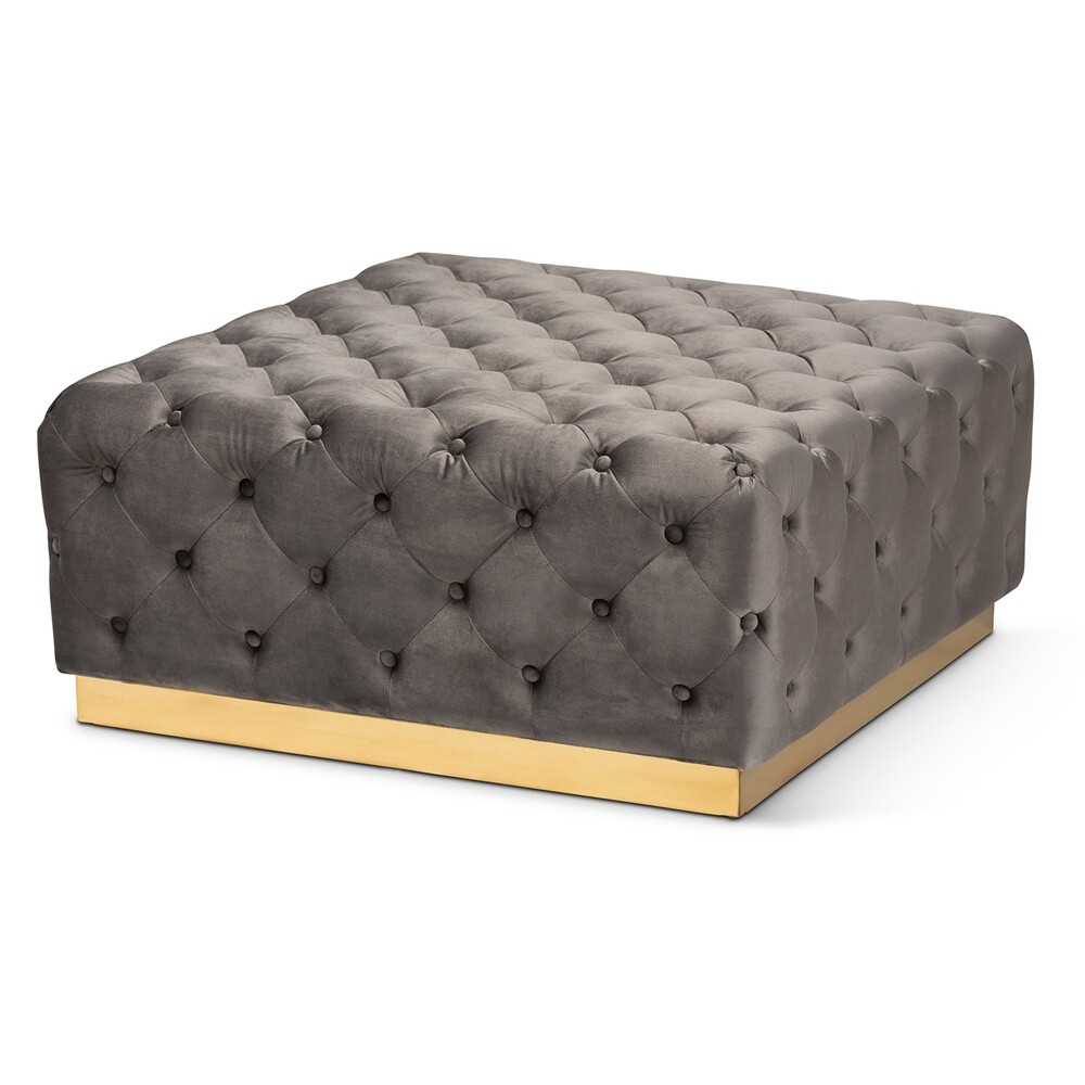BAXTON STUDIO VERENE GLAM AND LUXE GREY VELVET FABRIC UPHOLSTERED GOLD FINISHED SQUARE COCKTAIL OTTOMAN