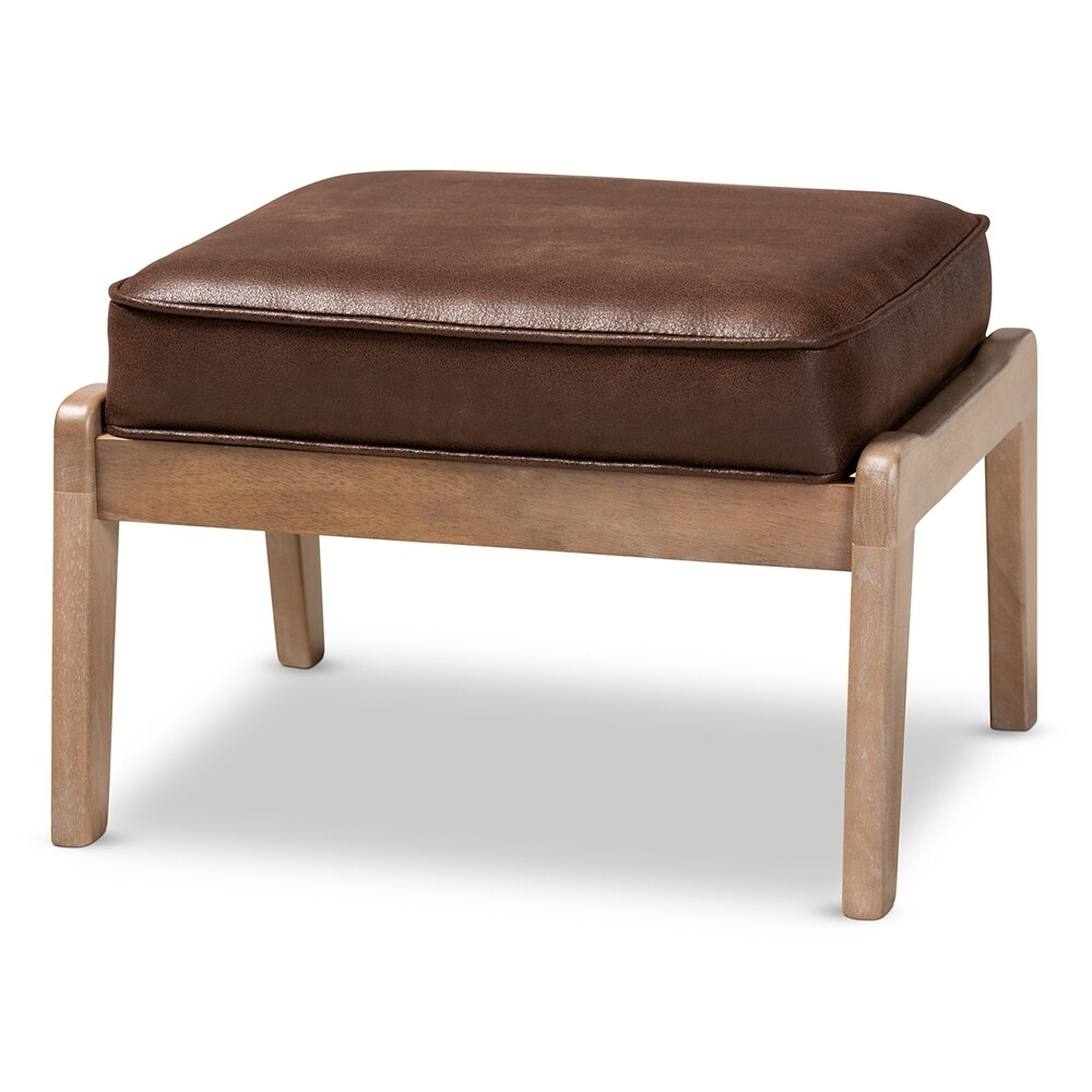 BAXTON STUDIO SIGRID MID-CENTURY MODERN DARK BROWN FAUX LEATHER EFFECT FABRIC UPHOLSTERED ANTIQUE OAK FINISHED WOOD OTTOMAN