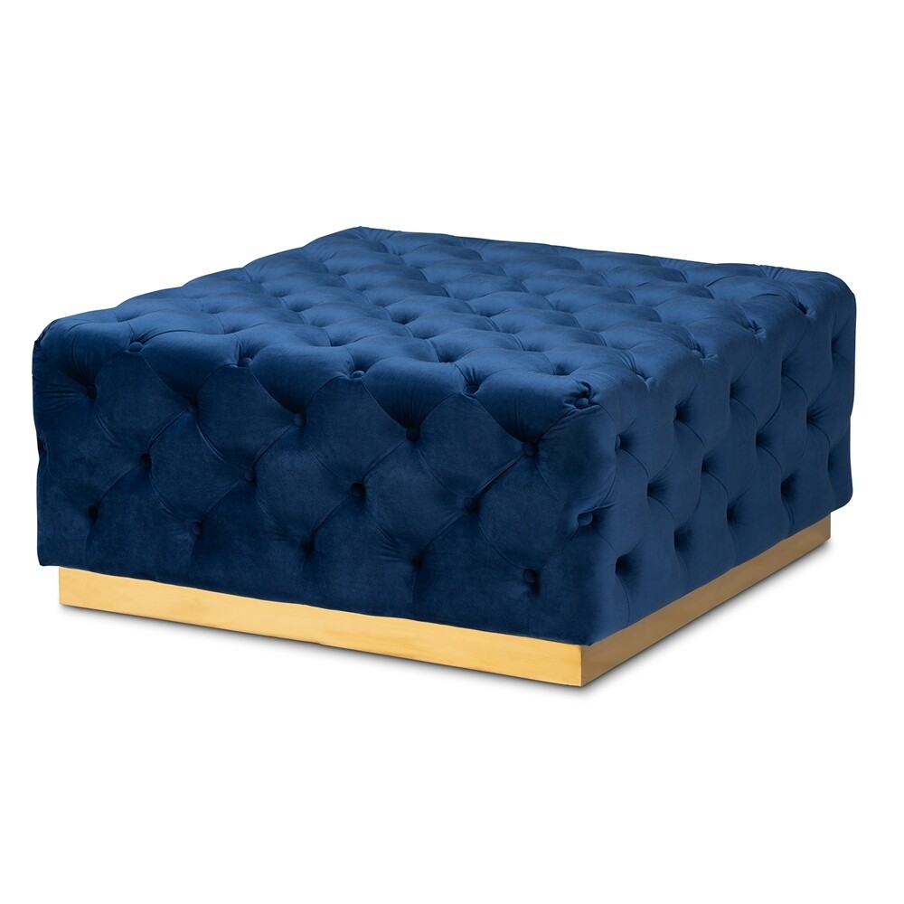 BAXTON STUDIO VERENE GLAM AND LUXE ROYAL BLUE VELVET FABRIC UPHOLSTERED GOLD FINISHED SQUARE COCKTAIL OTTOMAN