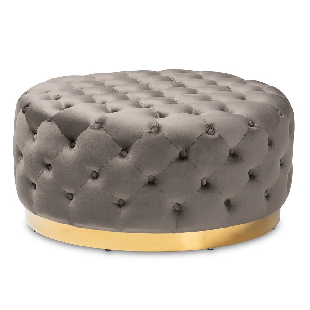 BAXTON STUDIO SASHA GLAM AND LUXE GREY VELVET FABRIC UPHOLSTERED GOLD FINISHED ROUND COCKTAIL OTTOMAN