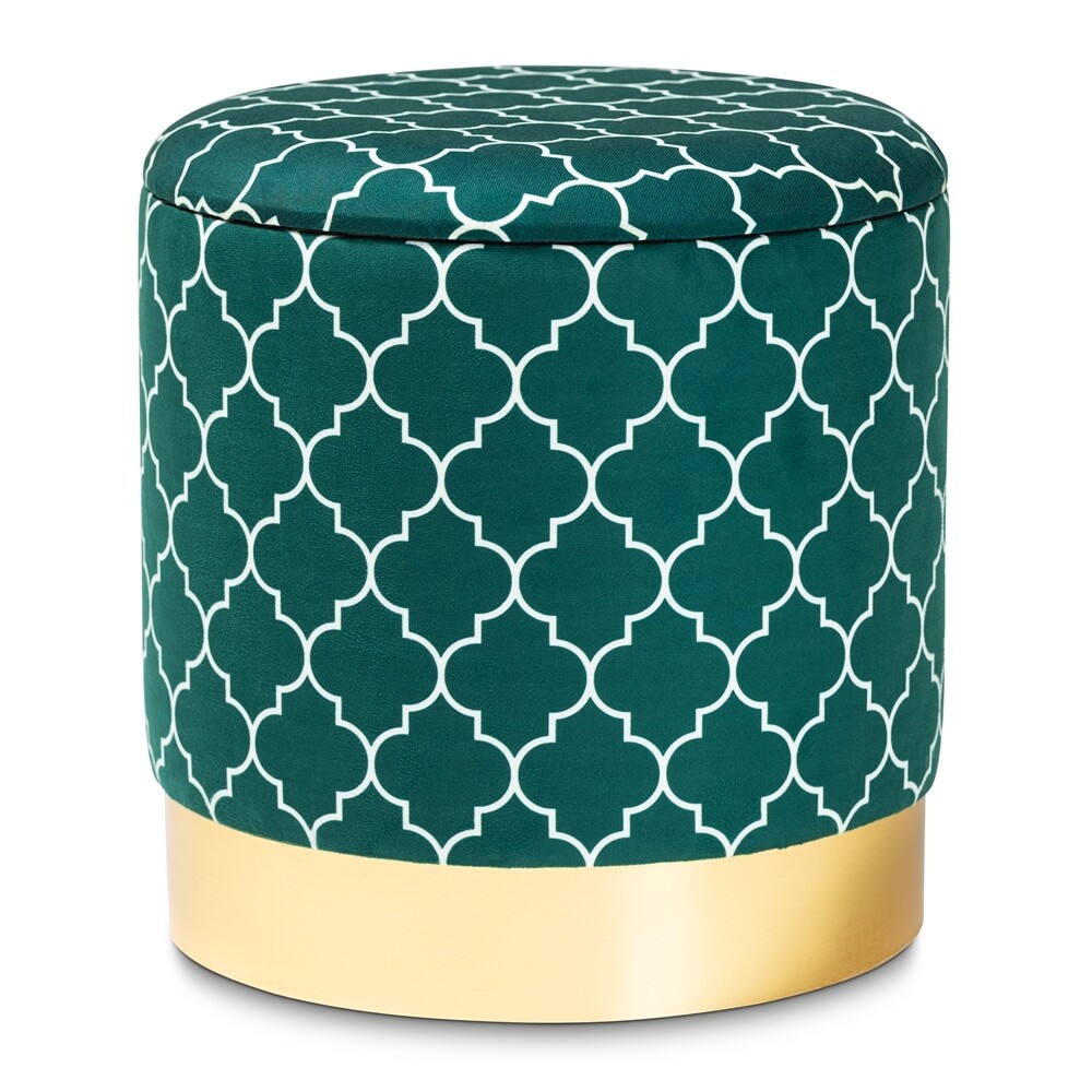 BAXTON STUDIO SERRA GLAM AND LUXE TEAL GREEN QUATREFOIL VELVET FABRIC UPHOLSTERED GOLD FINISHED METAL STORAGE OTTOMAN