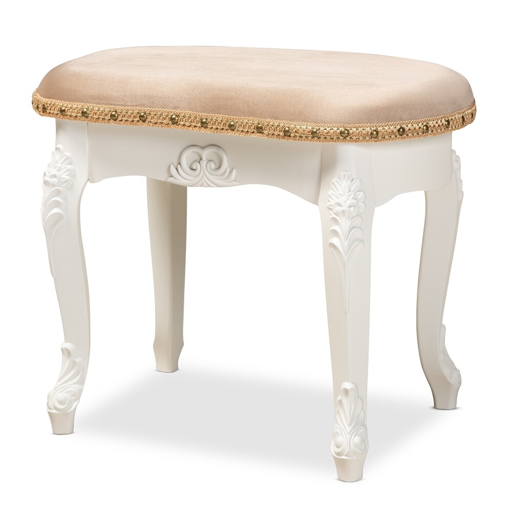 BAXTON STUDIO GABRIELLE TRADITIONAL FRENCH COUNTRY PROVINCIAL SAND VELVET FABRIC UPHOLSTERED WHITE-FINISHED WOOD VANITY OTTOMAN
