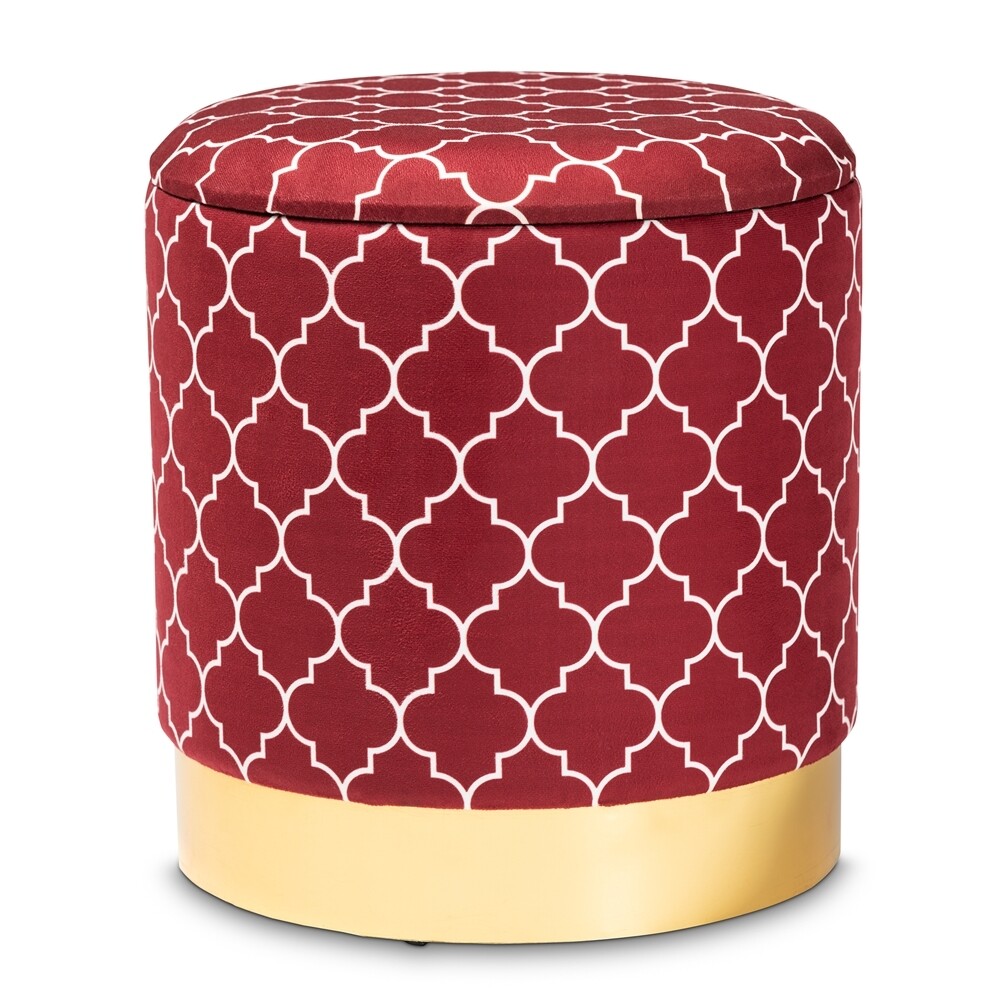 BAXTON STUDIO SERRA GLAM AND LUXE RED QUATREFOIL VELVET FABRIC UPHOLSTERED GOLD FINISHED METAL STORAGE OTTOMAN