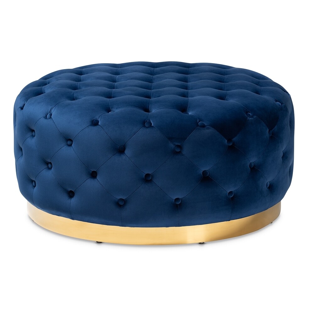 BAXTON STUDIO SASHA GLAM AND LUXE ROYAL BLUE VELVET FABRIC UPHOLSTERED GOLD FINISHED ROUND COCKTAIL OTTOMAN