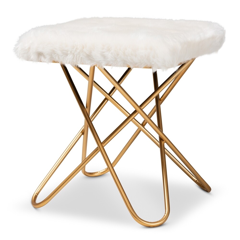 BAXTON STUDIO VALLE GLAM AND LUXE WHITE FAUX FUR UPHOLSTERED GOLD FINISHED METAL OTTOMAN