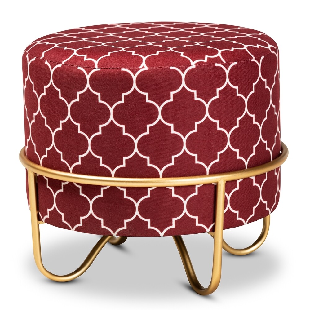 BAXTON STUDIO CANDICE GLAM AND LUXE RED QUATREFOIL VELVET FABRIC UPHOLSTERED GOLD FINISHED METAL OTTOMAN