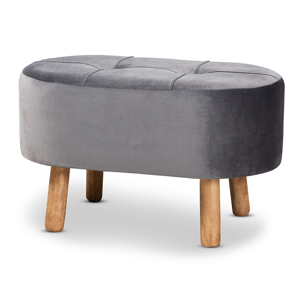 BAXTON STUDIO SIMONE MID-CENTURY MODERN GREY VELVET FABRIC UPHOLSTERED WOOD OTTOMAN