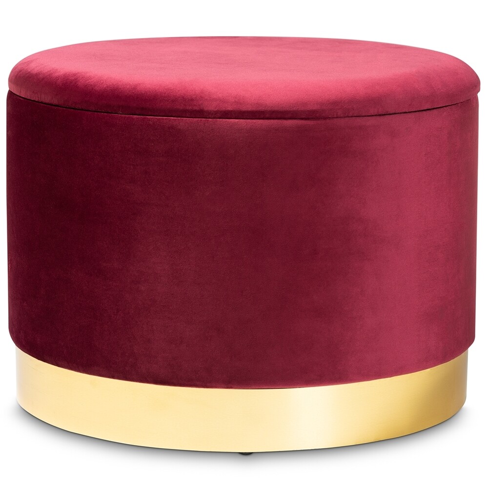 BAXTON STUDIO MARISA GLAM AND LUXE RED VELVET FABRIC UPHOLSTERED GOLD FINISHED STORAGE OTTOMAN