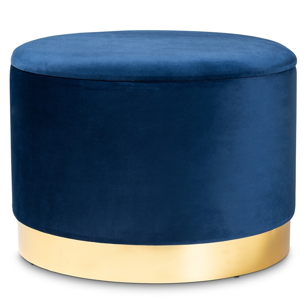 BAXTON STUDIO MARISA GLAM AND LUXE NAVY BLUE VELVET FABRIC UPHOLSTERED GOLD FINISHED STORAGE OTTOMAN
