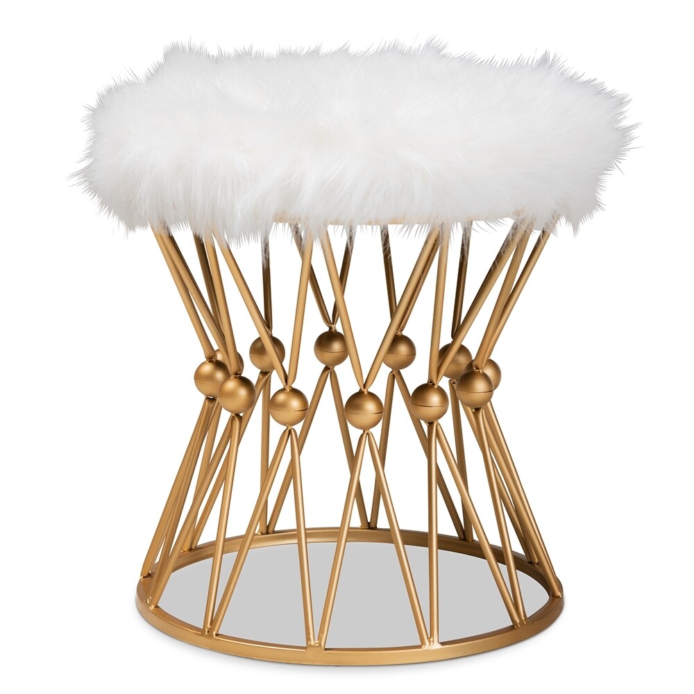 BAXTON STUDIO LEONIE GLAM AND LUXE WHITE FAUX FUR UPHOLSTERED GOLD FINISHED METAL OTTOMAN