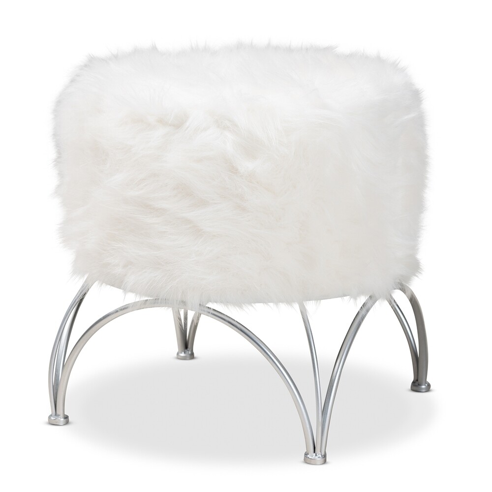 BAXTON STUDIO CELIA MODERN AND CONTEMPORARY WHITE FAUX FUR UPHOLSTERED SILVER METAL OTTOMAN