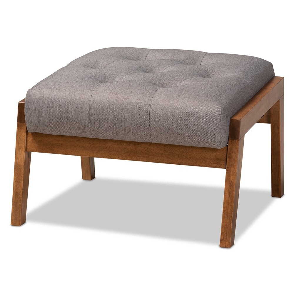 BAXTON STUDIO NAEVA MID-CENTURY MODERN GREY FABRIC UPHOLSTERED WALNUT FINISHED WOOD FOOTSTOOL