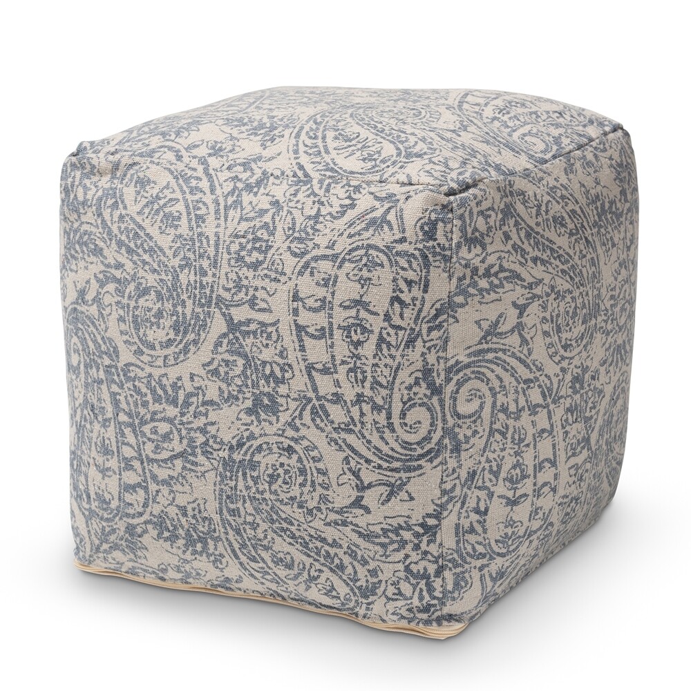 BAXTON STUDIO JUVITA MODERN AND CONTEMPORARY GREY AND BLUE HANDWOVEN COTTON PAISLEY POUF OTTOMAN