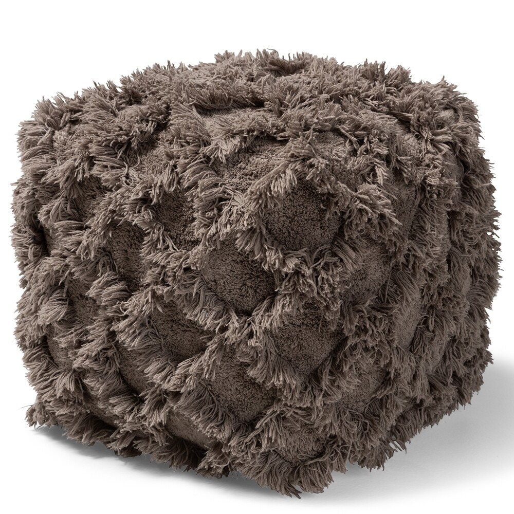 BAXTON STUDIO ASUKA MOROCCAN INSPIRED TAUPE HANDWOVEN COTTON FRINGE POUF OTTOMAN