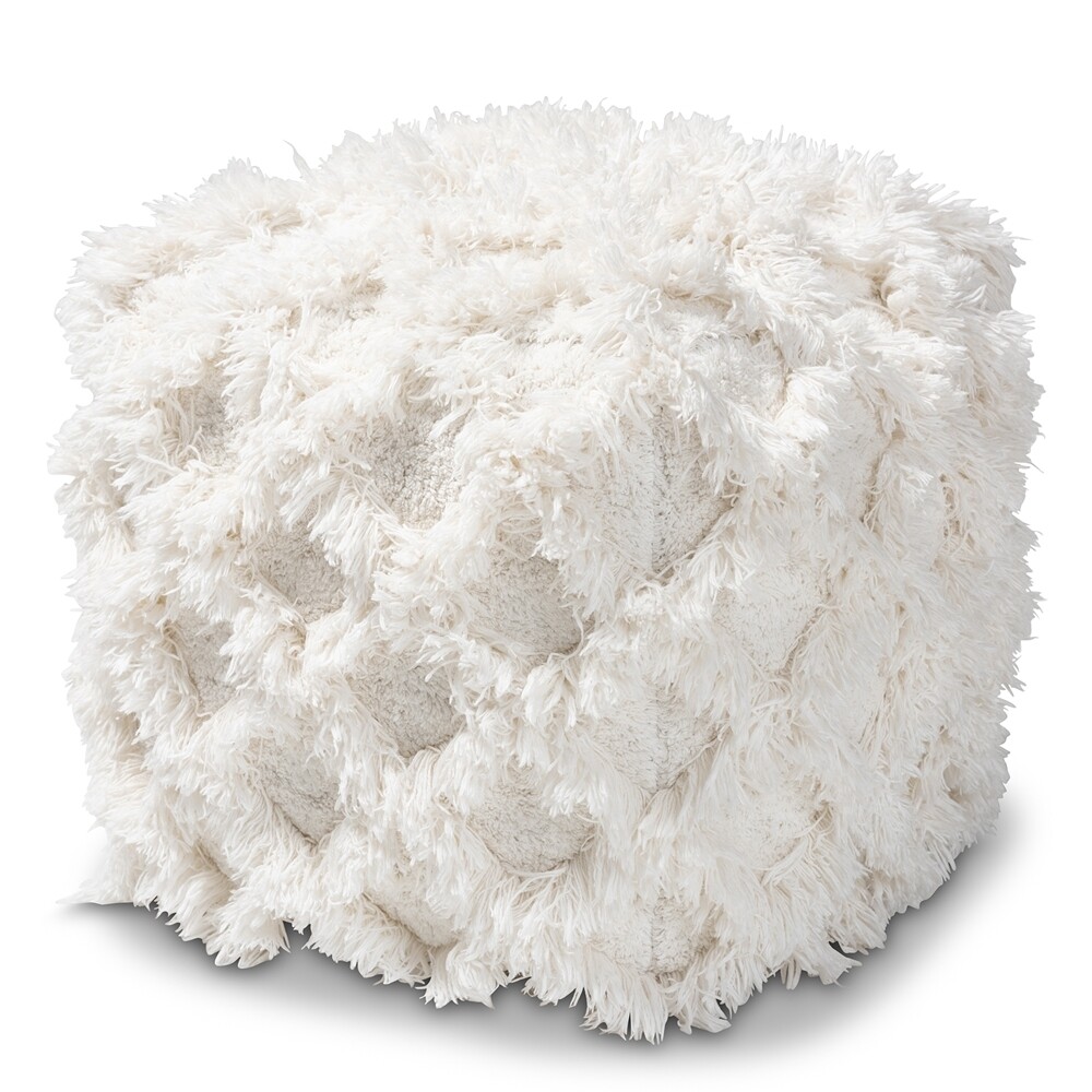 BAXTON STUDIO ASUKA MOROCCAN INSPIRED IVORY HANDWOVEN COTTON FRINGE POUF OTTOMAN