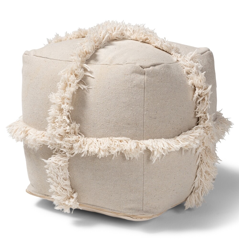 BAXTON STUDIO ALFRO MOROCCAN INSPIRED BEIGE HANDWOVEN COTTON FRINGE POUF OTTOMAN