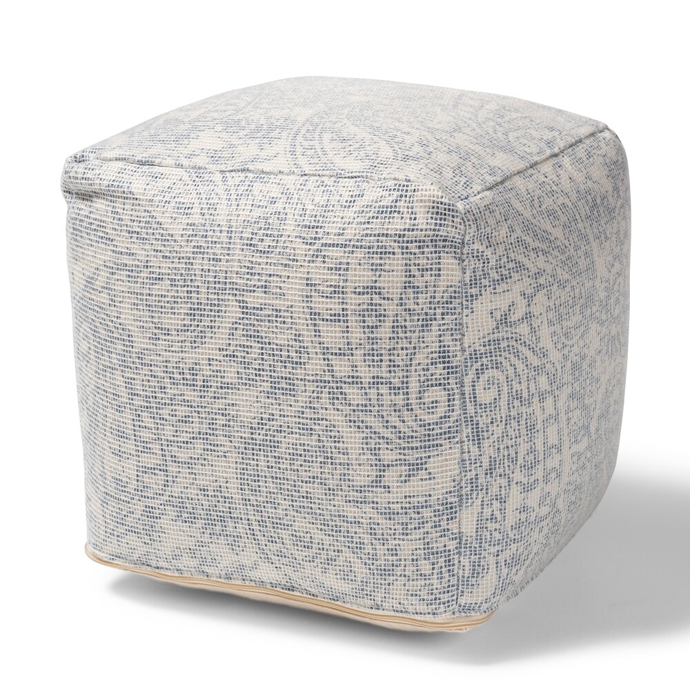 BAXTON STUDIO JUVITA MODERN AND CONTEMPORARY IVORY AND BLUE HANDWOVEN COTTON PAISLEY POUF OTTOMAN