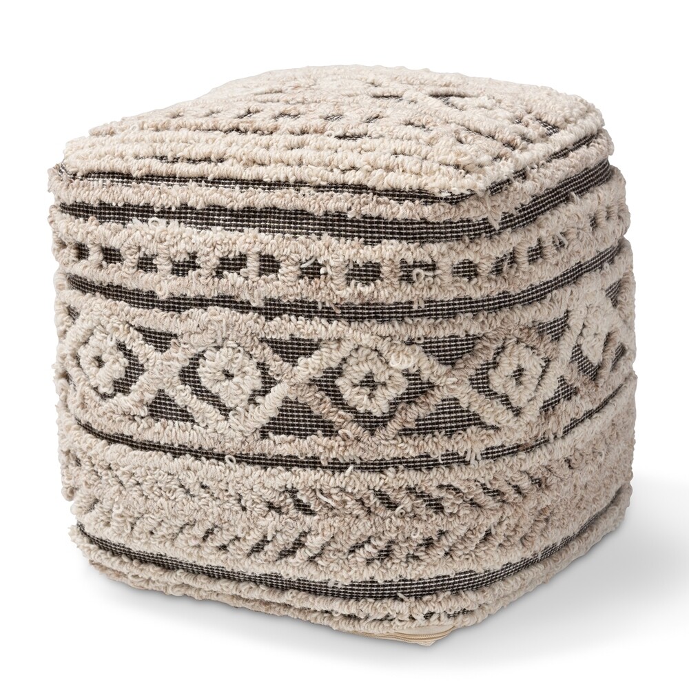BAXTON STUDIO CRONIN MOROCCAN INSPIRED BEIGE AND BROWN HANDWOVEN HEMP POUF OTTOMAN