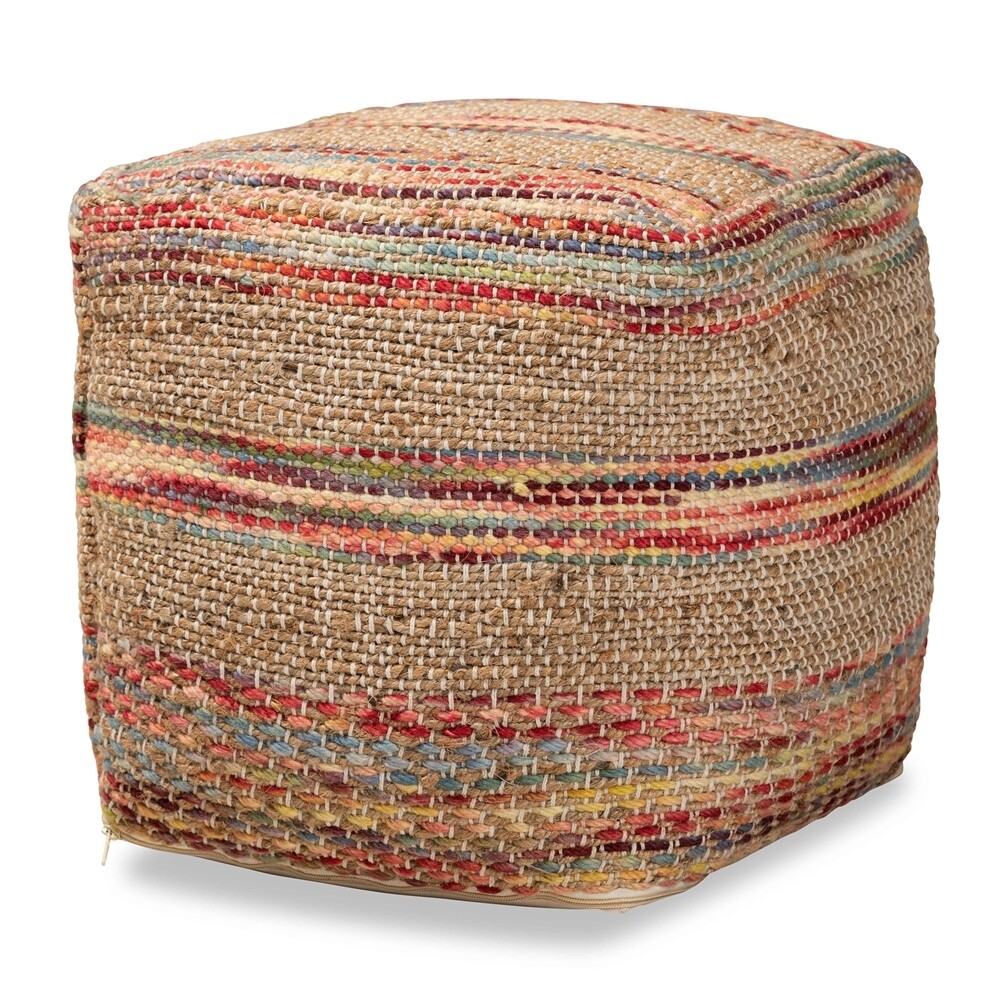 BAXTON STUDIO CAIMAN MOROCCAN INSPIRED MULTICOLORED HANDWOVEN HEMP POUF OTTOMAN