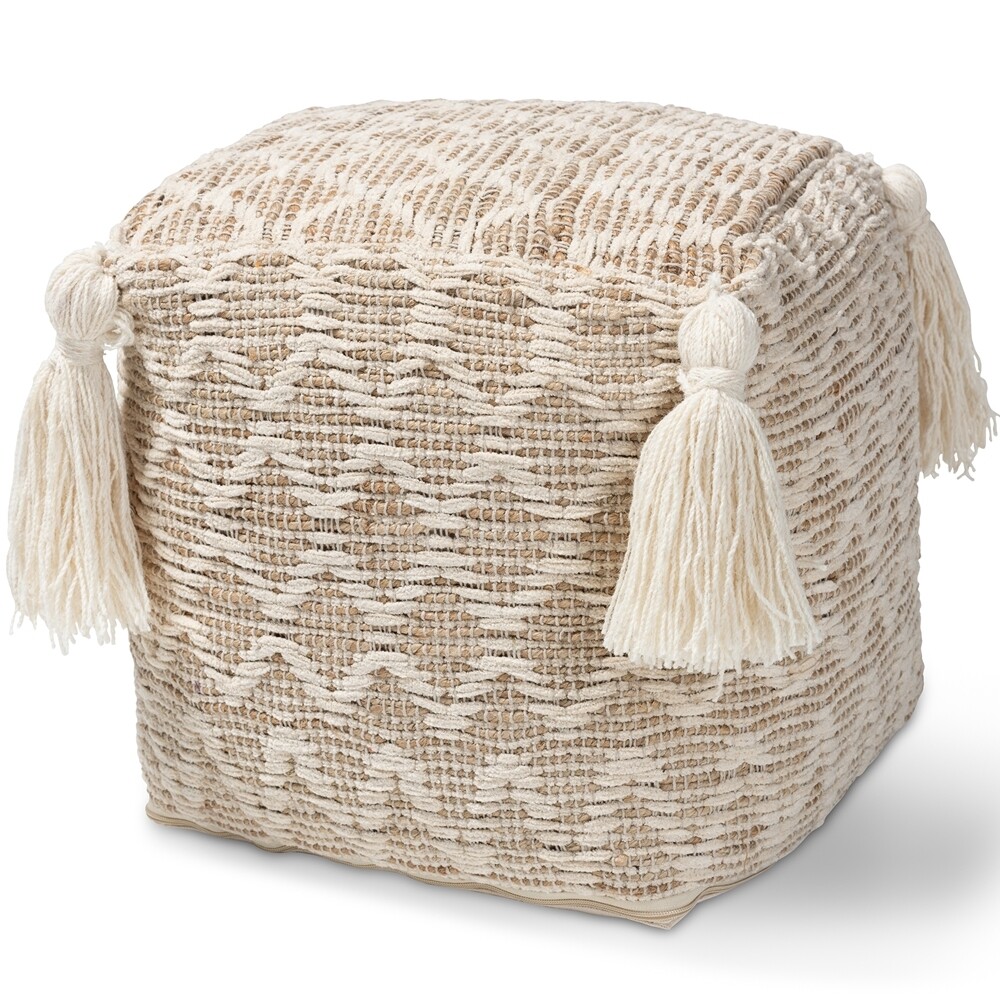 BAXTON STUDIO NOLAND MOROCCAN INSPIRED NATURAL AND IVORY HANDWOVEN COTTON AND HEMP POUF OTTOMAN