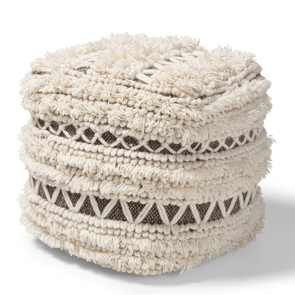 BAXTON STUDIO VESEY MOROCCAN INSPIRED BEIGE AND BROWN HANDWOVEN WOOL POUF OTTOMAN