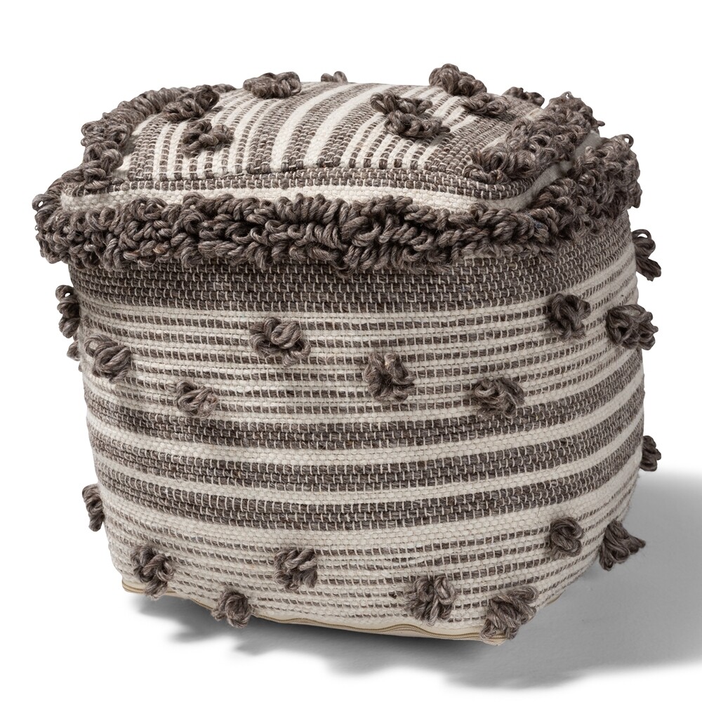 BAXTON STUDIO ELIGAH MOROCCAN INSPIRED IVORY AND BROWN HANDWOVEN WOOL POUF OTTOMAN