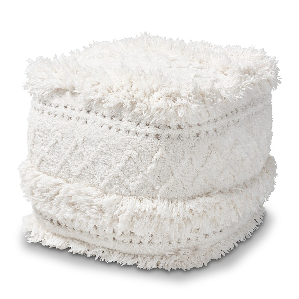 BAXTON STUDIO CURLEW MOROCCAN INSPIRED IVORY HANDWOVEN COTTON POUF OTTOMAN