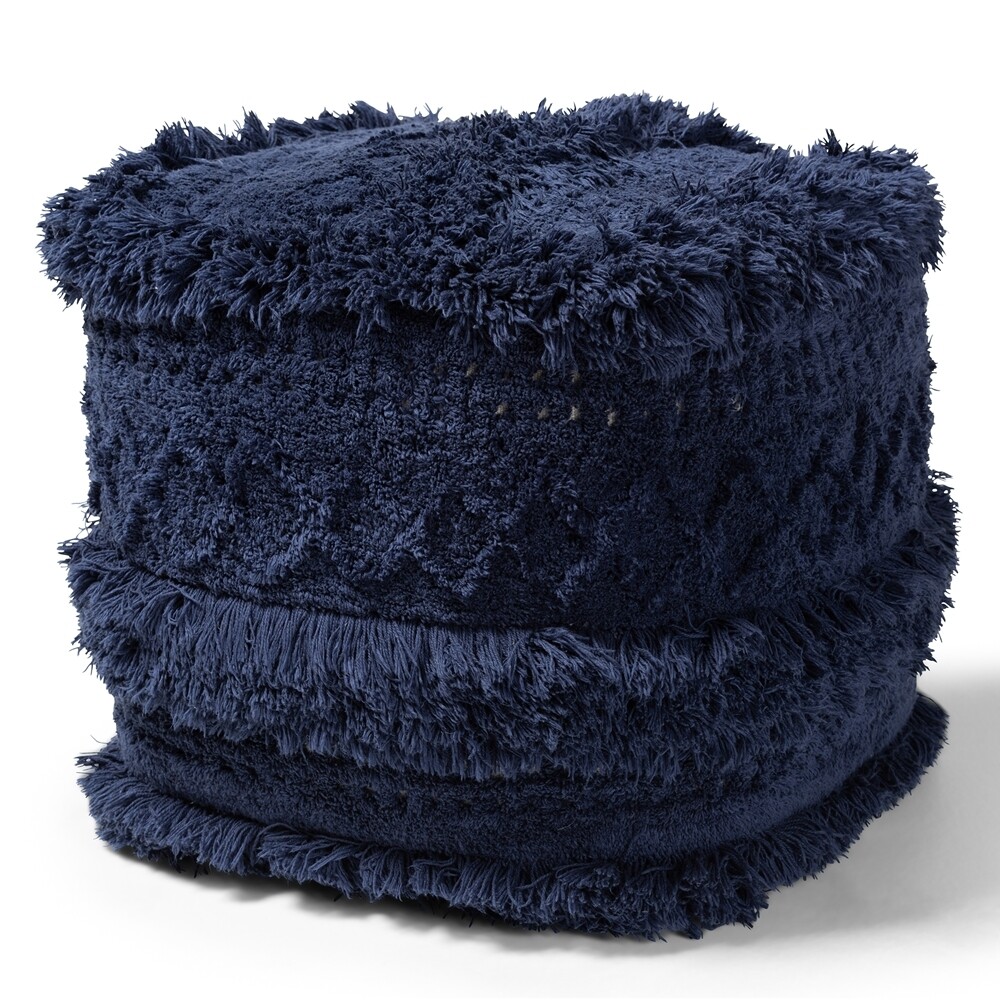 BAXTON STUDIO CURLEW MOROCCAN INSPIRED NAVY HANDWOVEN COTTON POUF OTTOMAN