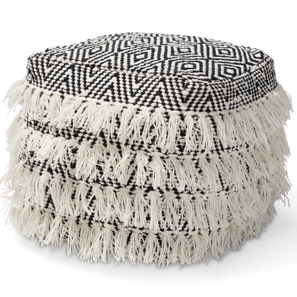 BAXTON STUDIO ALAIN MOROCCAN INSPIRED BLACK AND IVORY HANDWOVEN WOOL TASSEL POUF OTTOMAN